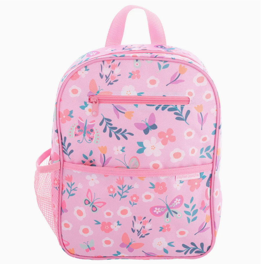Pink junior backpack with lilac butterfly and floral design, front zip pockets and padded adjustable straps for kids.