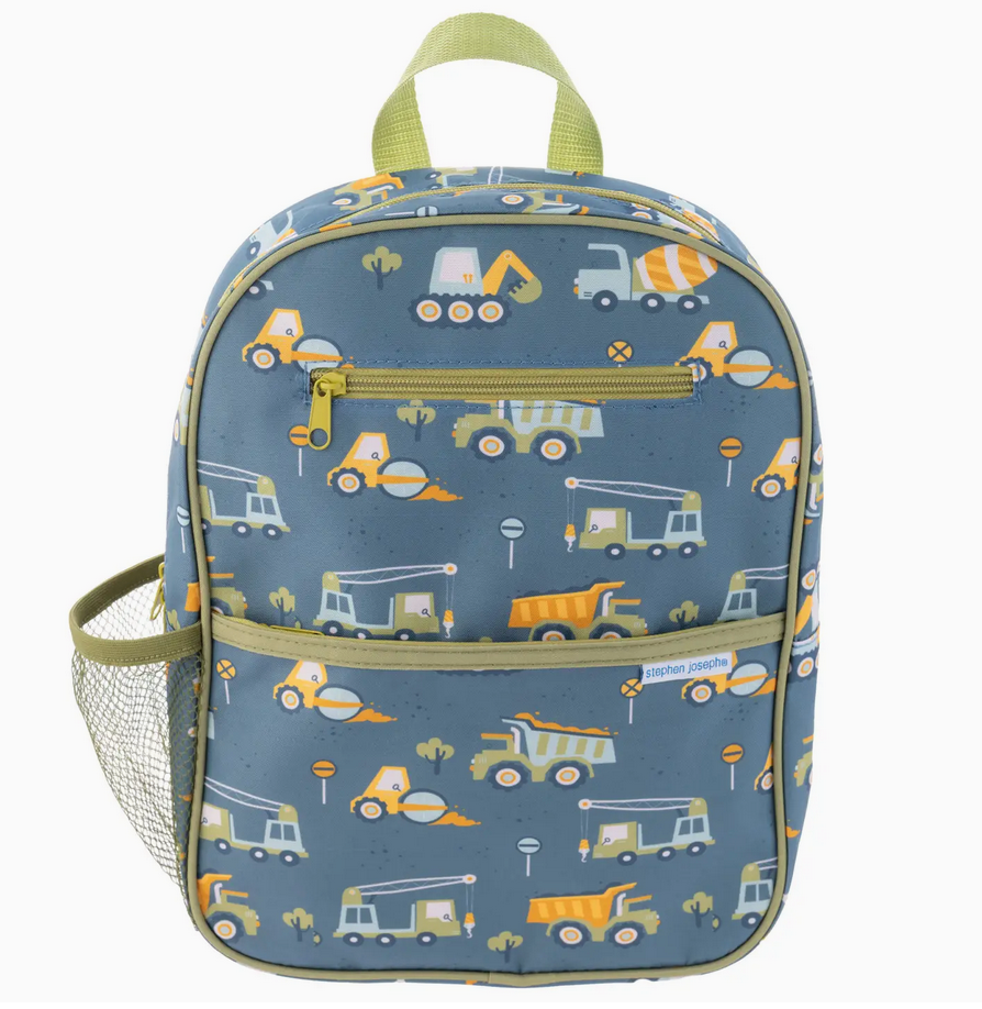 Blue junior backpack with construction vehicle pattern, padded back, adjustable straps, and multiple zippered pockets for kids ages 3 to 6.