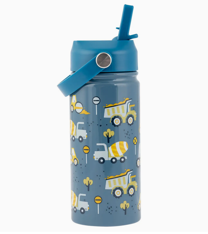 Blue insulated water bottle with construction vehicle design, pivoting handle, and straw for kids’ drinks on the go.
