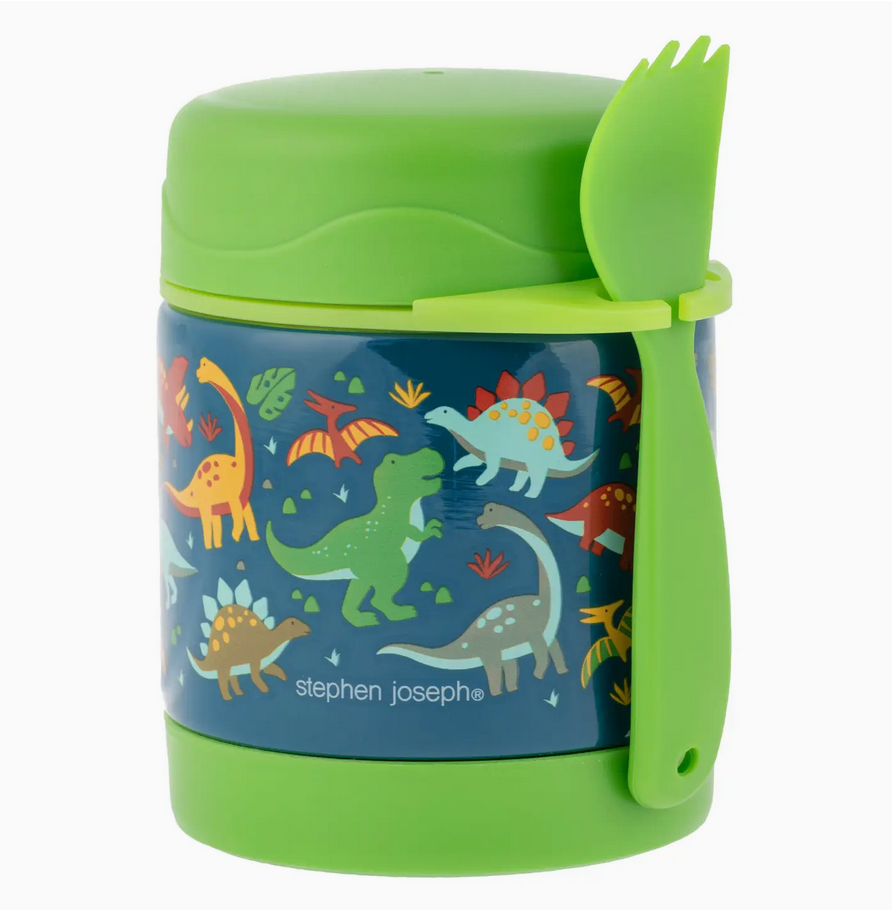 Insulated food jar with dinosaur design, green lid and attached spork, keeps food hot or cold for up to six hours.