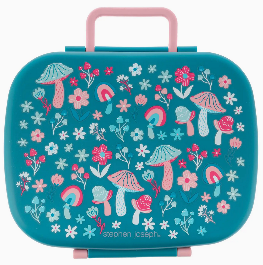 Blue bento box with pink handle featuring colorful mushroom and flower illustrations and a secure clasp closure.