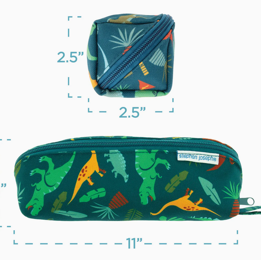 Green pencil pouch with colorful dinosaur print and zipper closure shown from side and top views with measurements