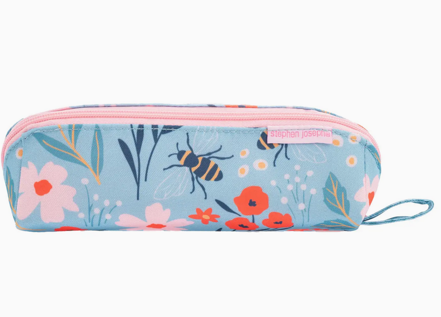 Blue pencil pouch with bee and floral design, pink zipper, and hanging loop for easy carrying