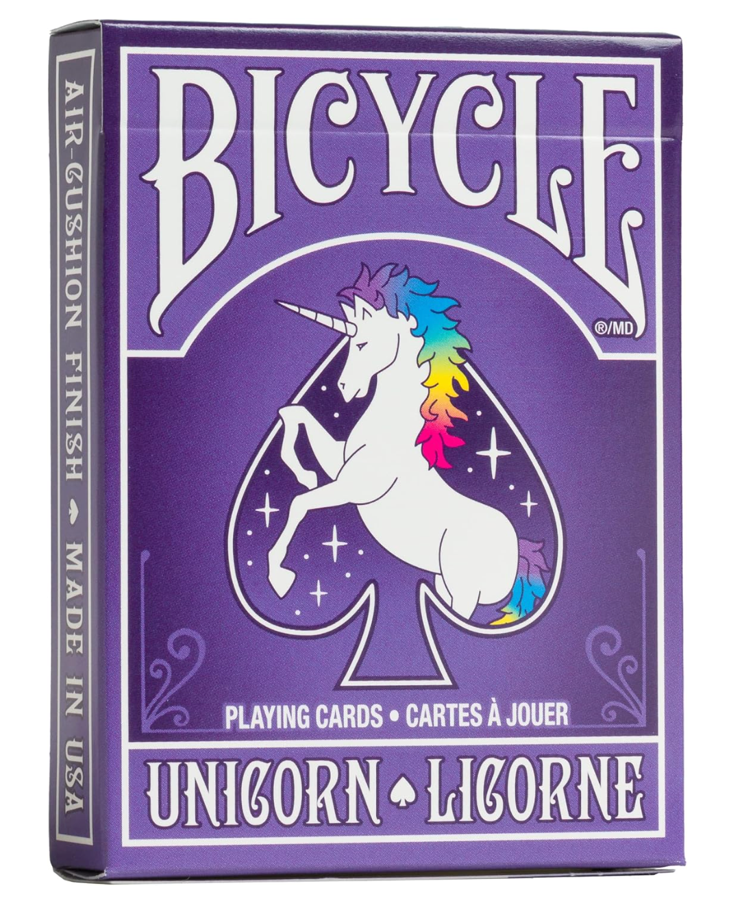 Purple Bicycle playing cards box featuring a white unicorn with a rainbow mane inside a spade symbol