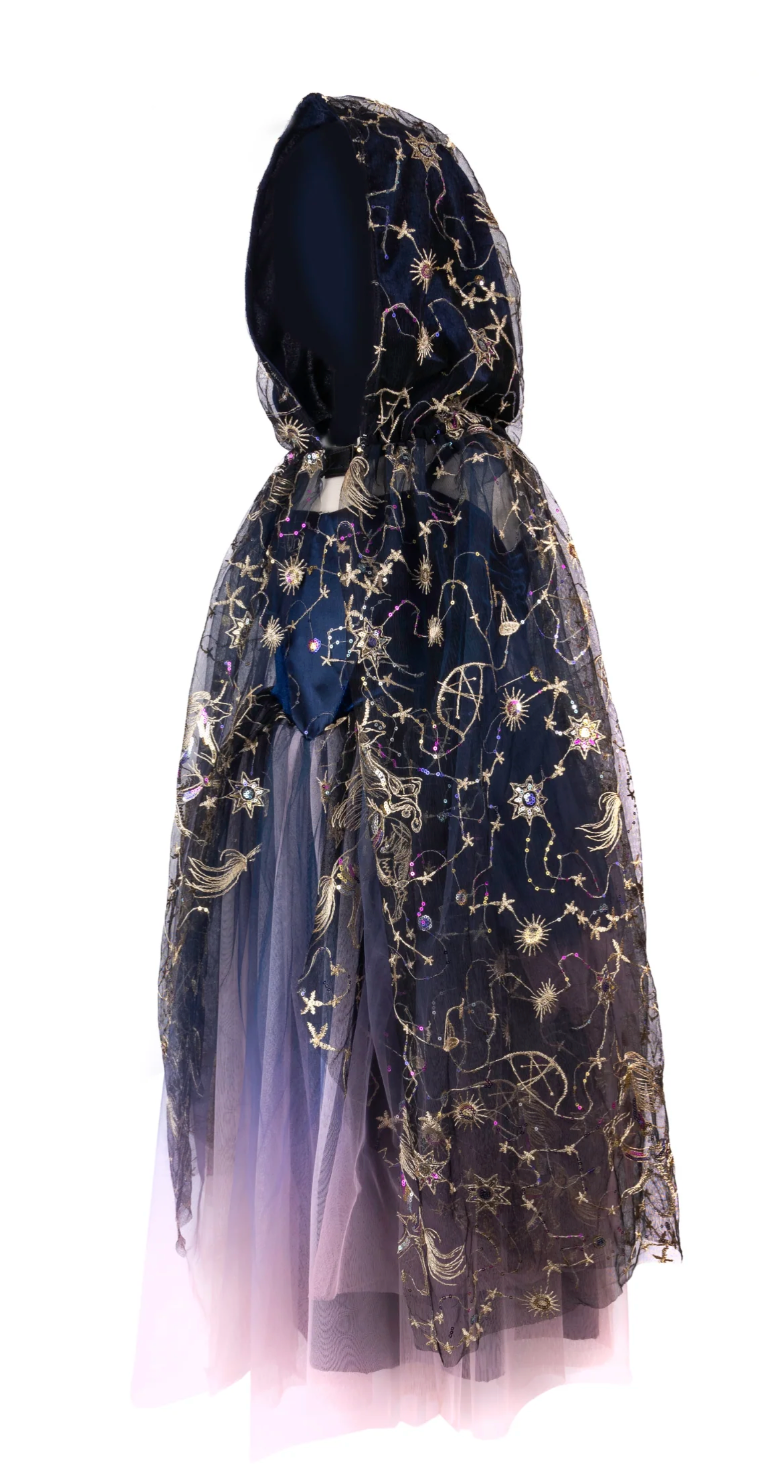 Dark purple children's cloak with hood, decorated with gold stars and constellations, sheer and flowing fabric design.