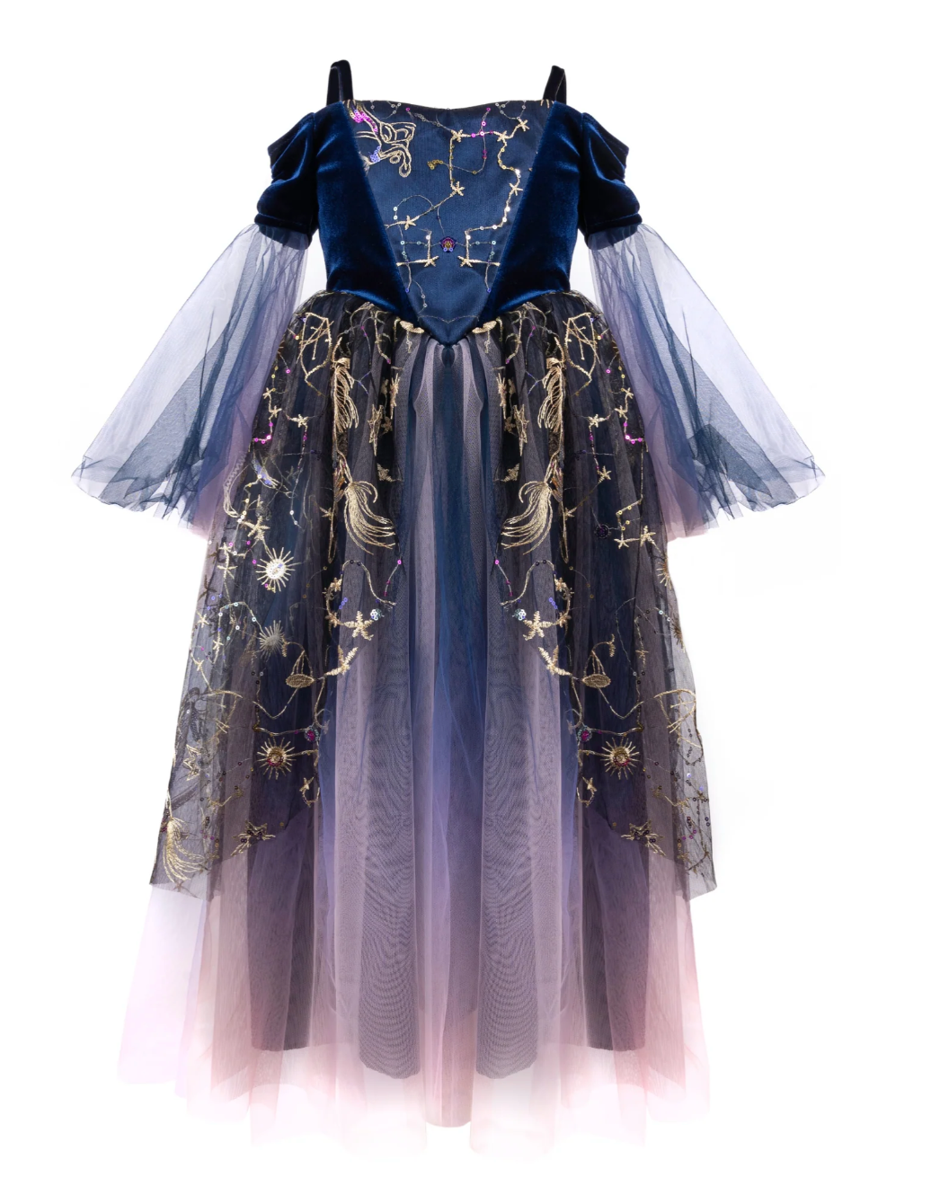 Girls twilight gown with dark velvet bodice, gold star embroidery, and flowing ombré tulle skirt in purple and pink