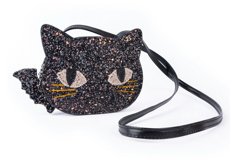 Black glitter cat-shaped purse with embroidered eyes, whiskers, bat-wing detail, and adjustable strap for crossbody wear.