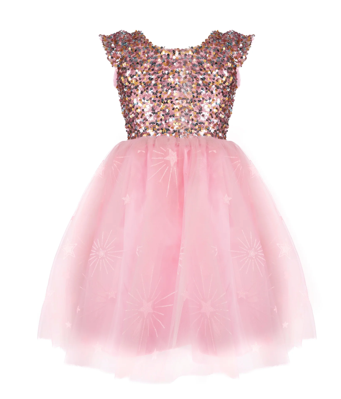 Pink dress for girls with multicolored sequin bodice and star-patterned soft tulle skirt, size 5-6 years.