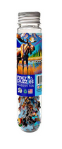 Tube container holding colorful moose micro puzzle pieces with nature scene label and silver cap