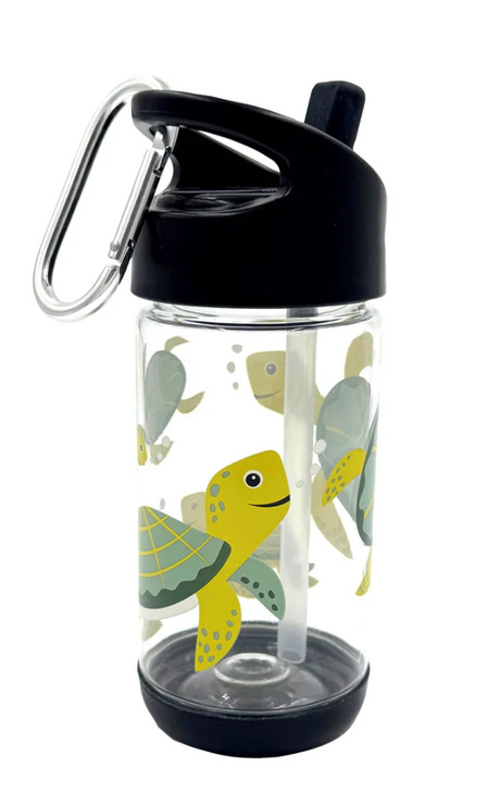 Clear kids water bottle with sea turtle design, black lid, built-in straw, and carabiner for easy carrying.