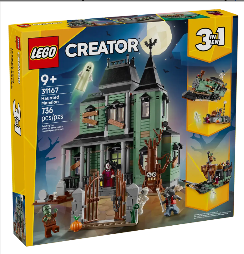 LEGO Creator Haunted Mansion building set box showing spooky mansion with ghost, tree, and mini figures for ages 9 and up.