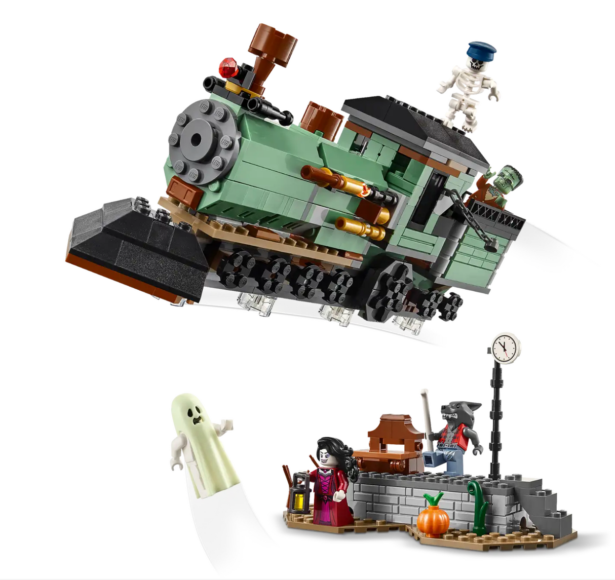 Green and black haunted train with skeleton and ghost figures, and a spooky graveyard scene with minifigures and pumpkin