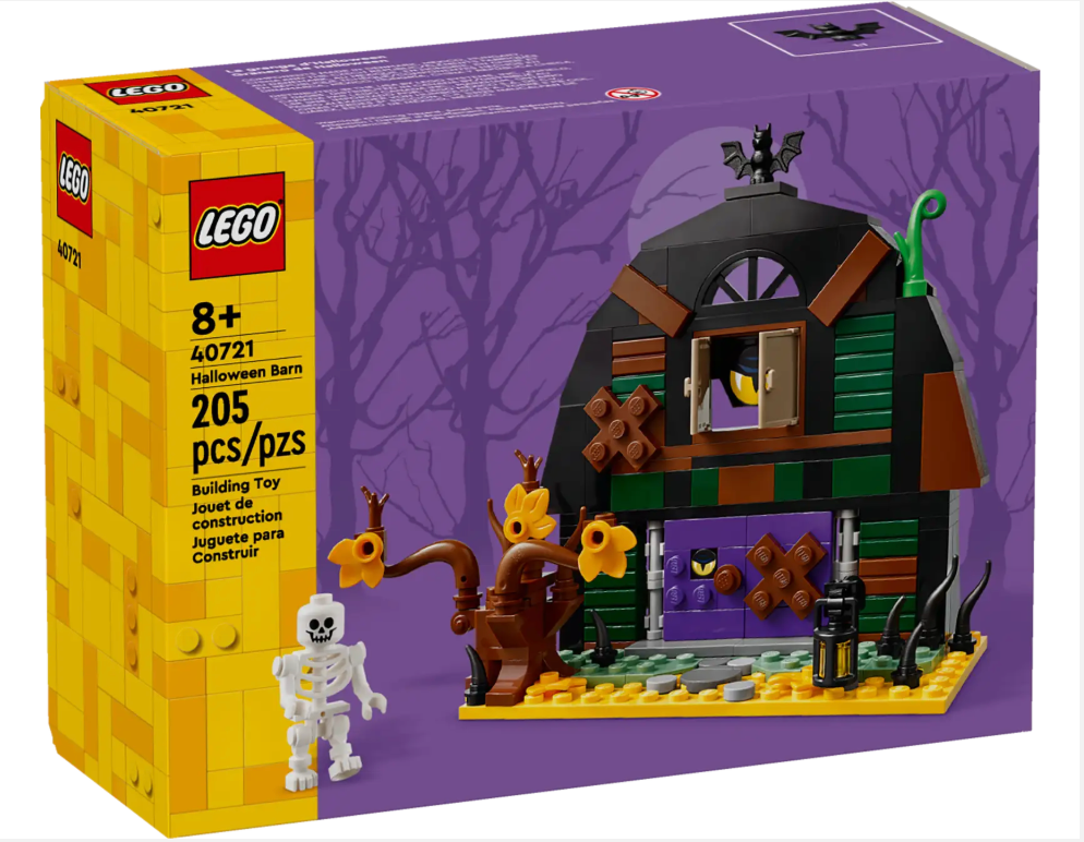 LEGO Halloween barn with spooky details including skeleton figure, bat figure, and decorated ramshackle house with eerie tree and lantern