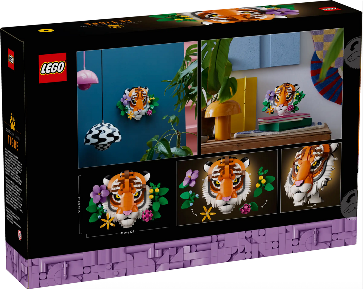 Decorative tiger head with customizable flowers and plants, designed for wall hanging or tabletop display.