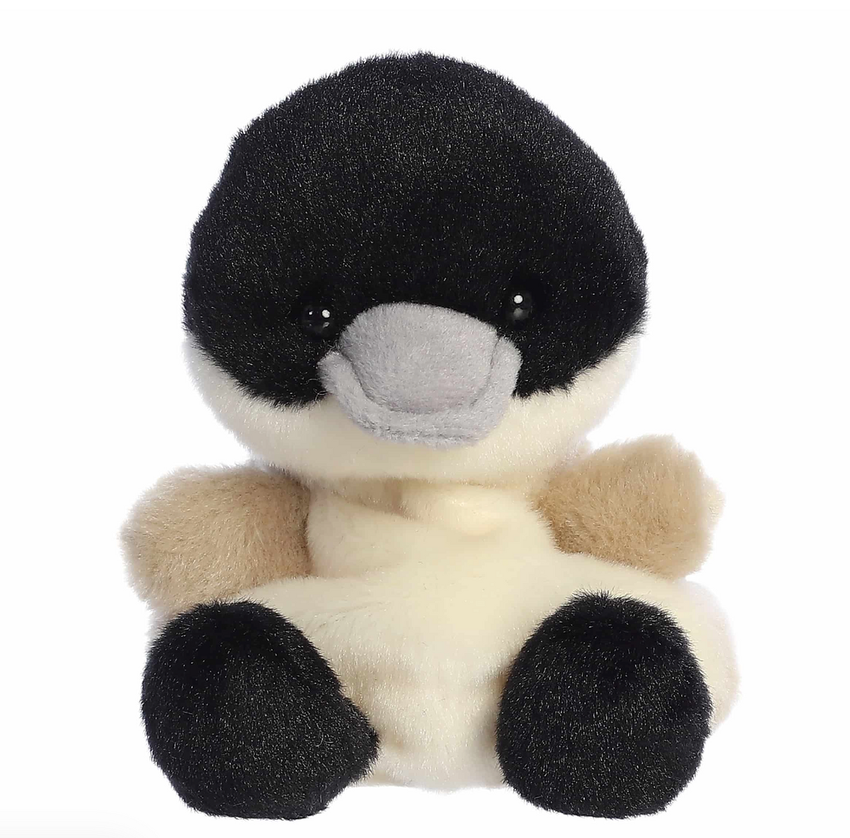 Soft plush Canadian goose with black head, cream body, and beige wings sitting facing forward on a white background