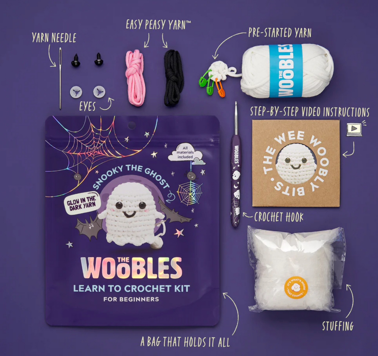 Complete crochet kit with yarn, eyes, needle, hook, stuffing, and instructions to make Snooky the Ghost beginner project