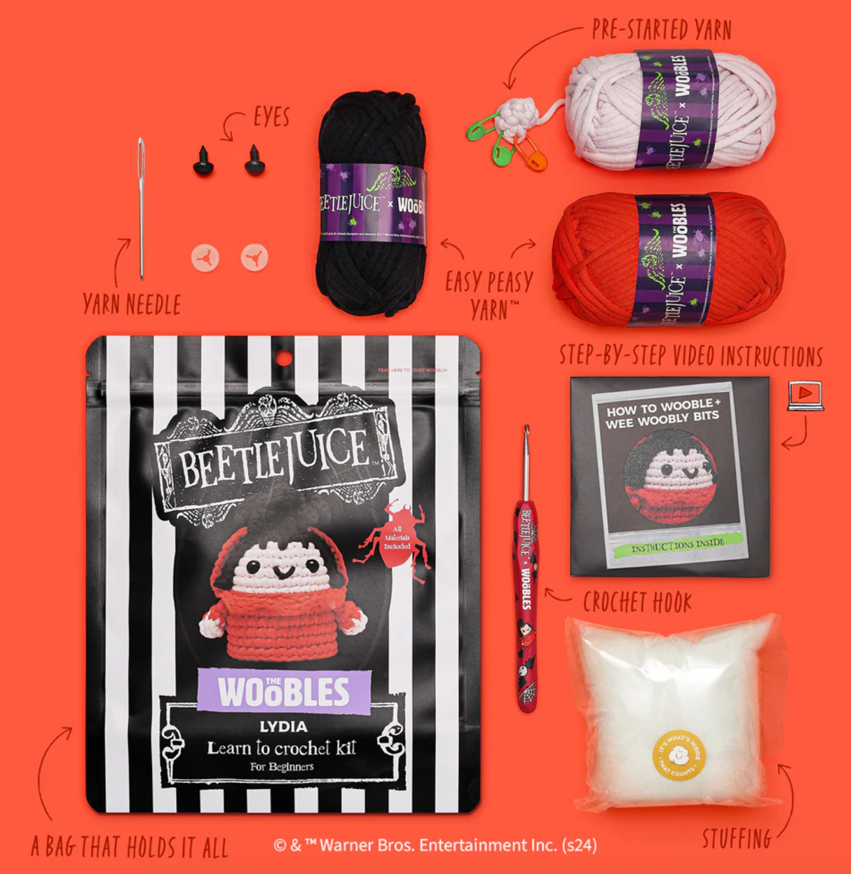 Beetlejuice Lydia Woobles crochet kit with yarn, hook, needle, eyes, stuffing, and step-by-step video instructions.