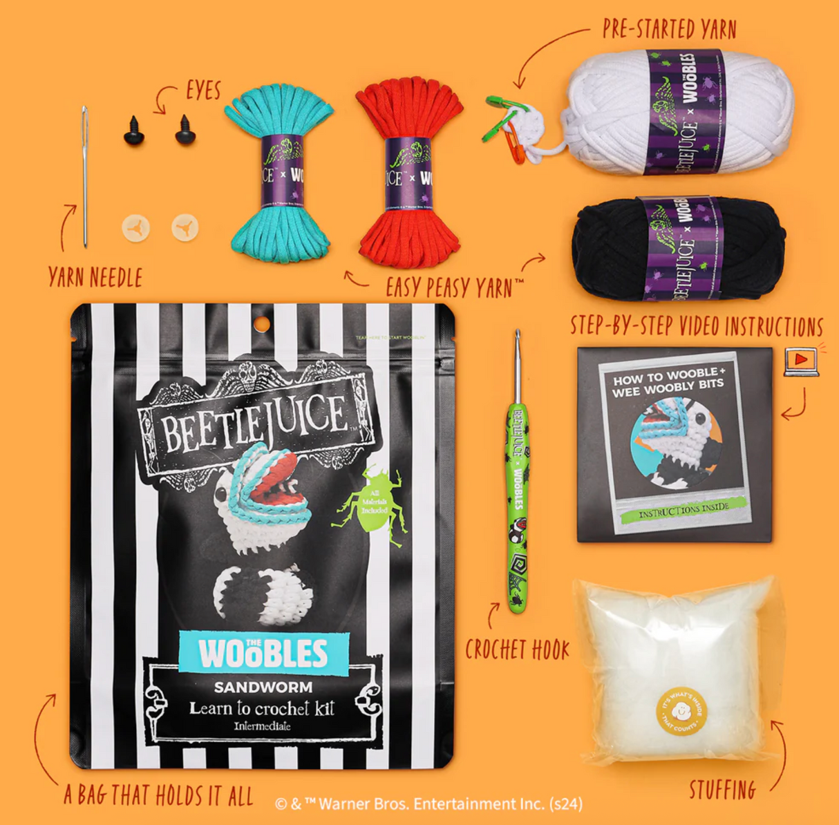 Complete Beetlejuice Sandworm crochet kit with yarn, hook, needle, stuffing, eyes, and step-by-step video instructions.