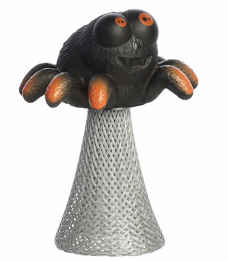 Playful black and orange spider popper toy with large eyes and a springy mesh base for jumping fun