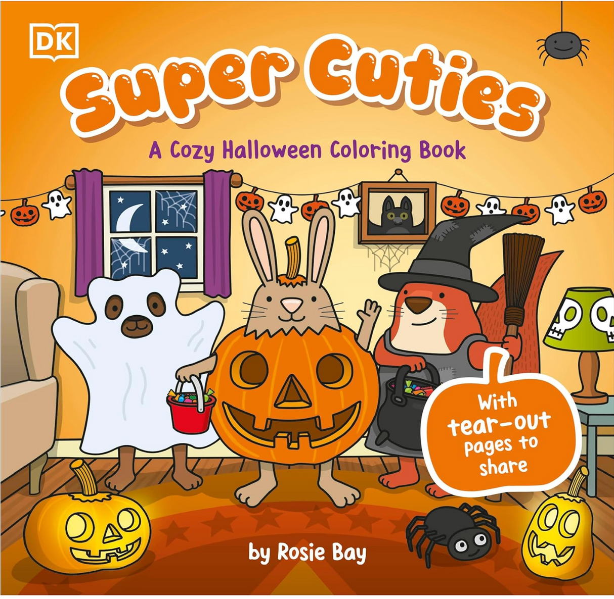 Cover of a cozy Halloween coloring book featuring cute animals dressed up in festive costumes indoors.