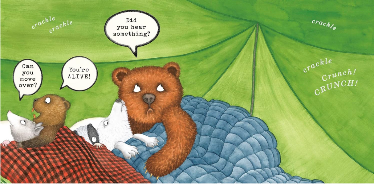 Illustration of night animals waking up as a bear asks if someone heard a noise under green blanket leaves.