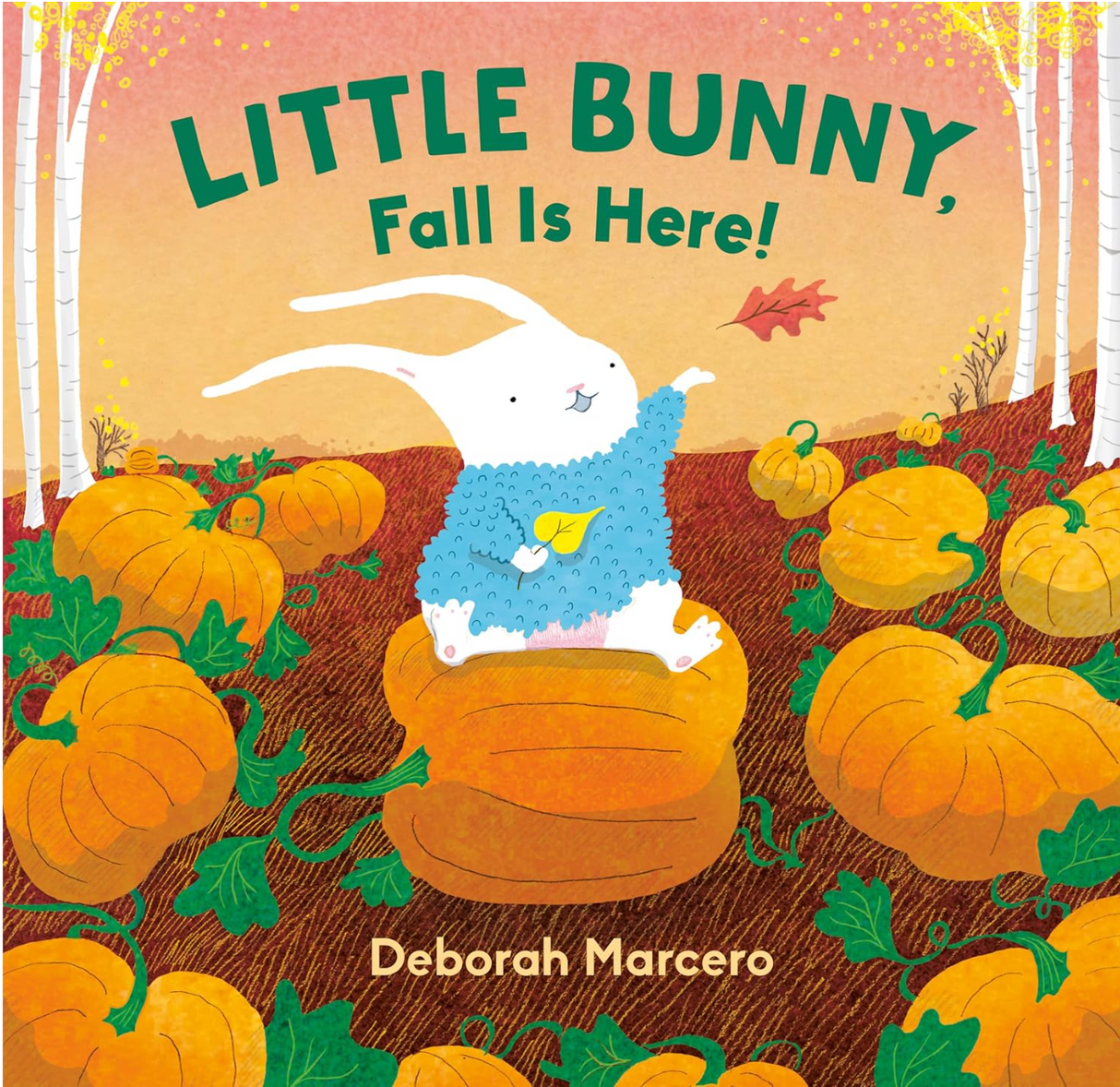 Illustration of a happy white bunny wearing a blue sweater sitting on pumpkins in a colorful fall pumpkin patch.