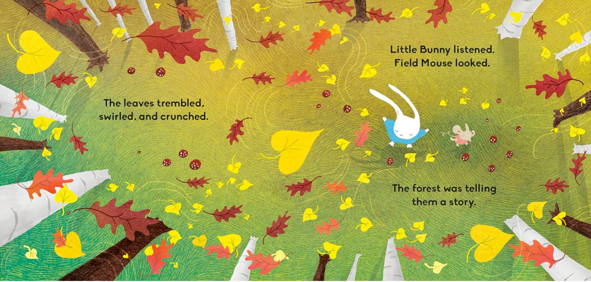 Illustration of Little Bunny and Field Mouse surrounded by colorful autumn leaves in a vibrant forest storytelling scene