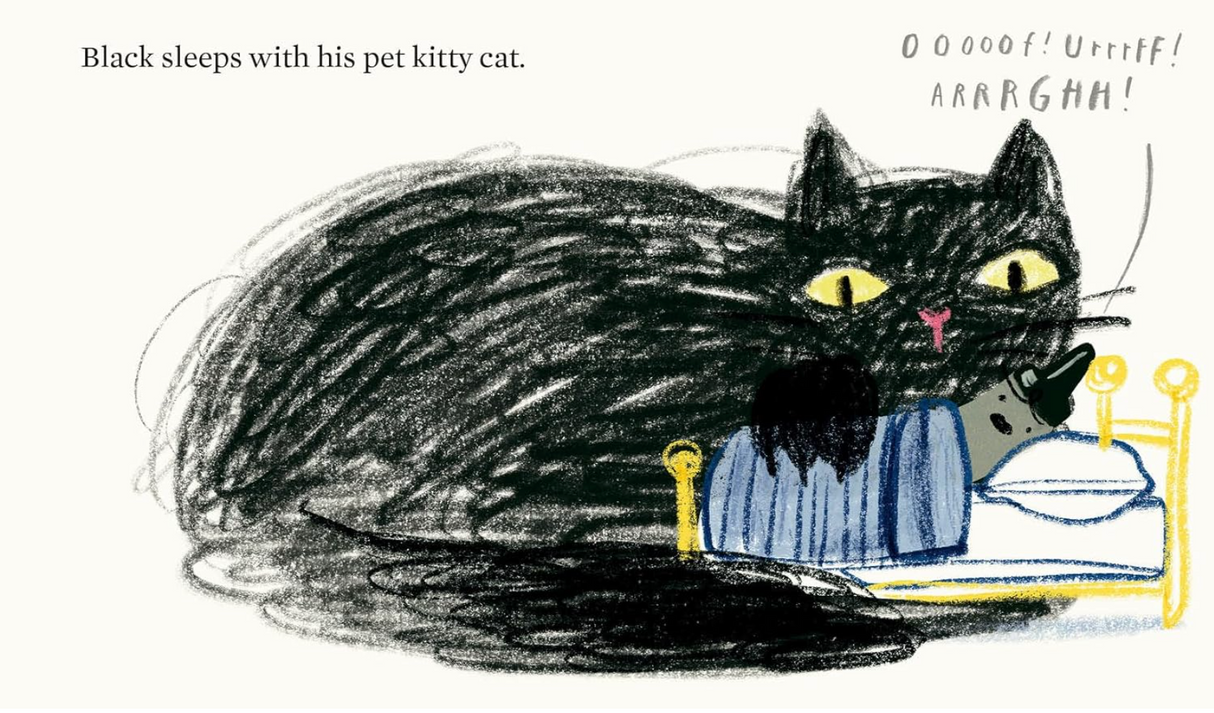 Illustration of Black crayon sleeping with a large pet black kitty cat on a small bed from Goodnight Crayons book