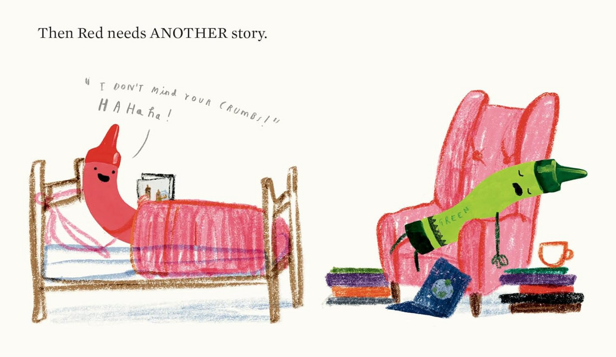 Illustration of a red crayon in bed asking for another story and a green crayon resting on a chair with books and a cup nearby