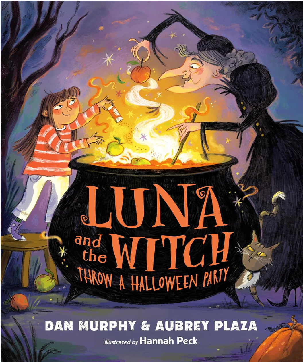 Young girl and witch brewing a magical potion in a cauldron for a Halloween party with a curious black cat nearby