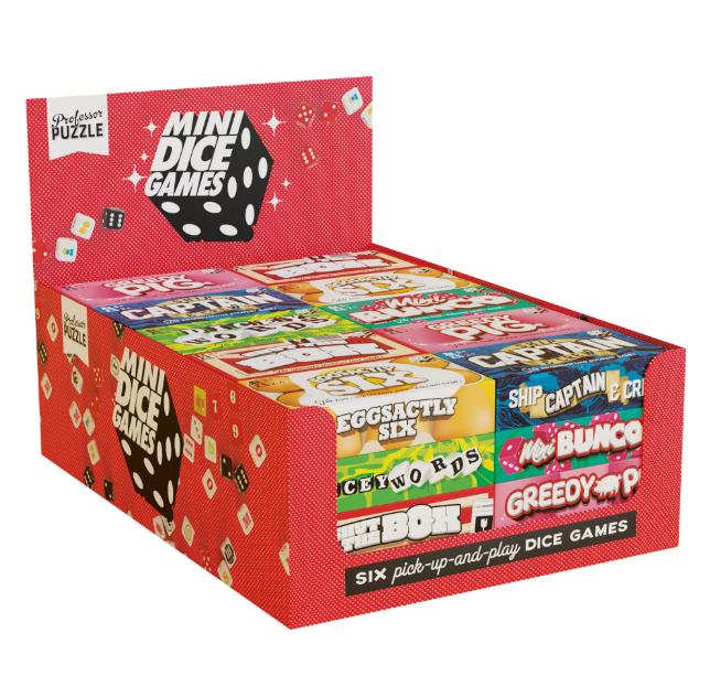Display box of Mini Dice Games featuring six colorful small dice game sets with fun titles and playful designs