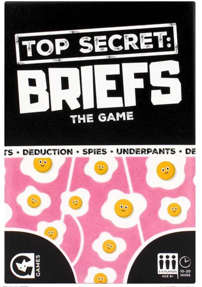 Top Secret: Briefs board game box with playful egg pattern and bold black and white title for a family deduction game