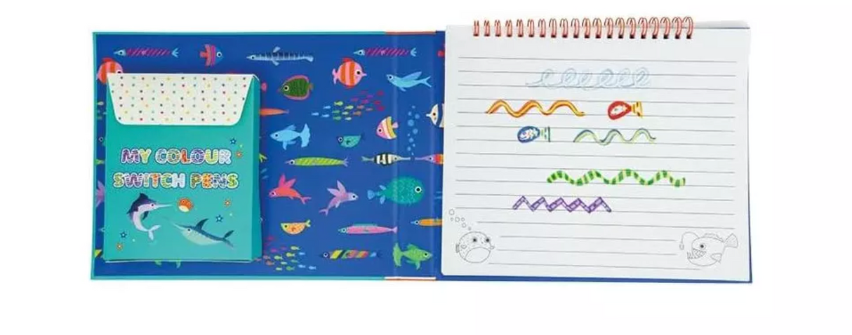 Spiral-bound ocean-themed doodle and writing pad with colorful pens for creative color switching activities.