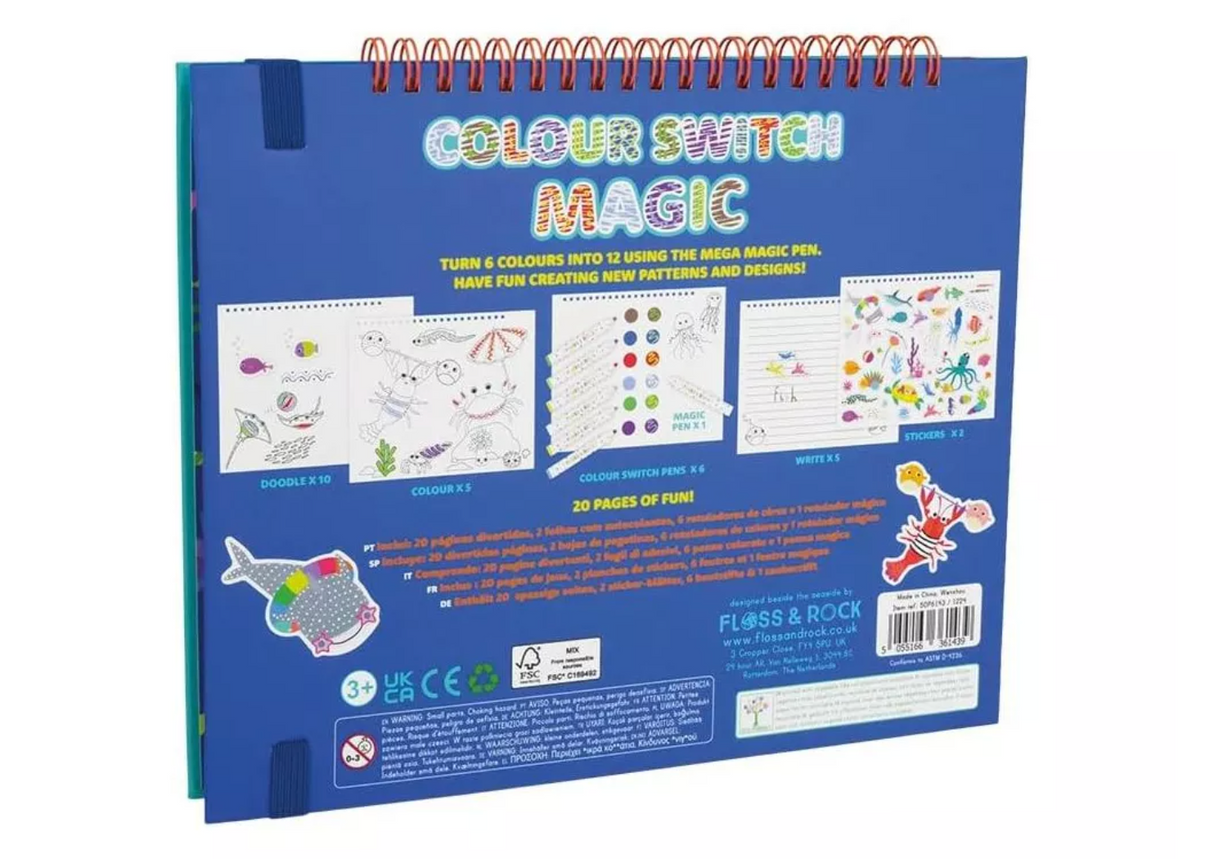 Back cover of spiral-bound Colour Switch Magic Ocean activity pad with doodle, colour-in, writing, and sticker pages