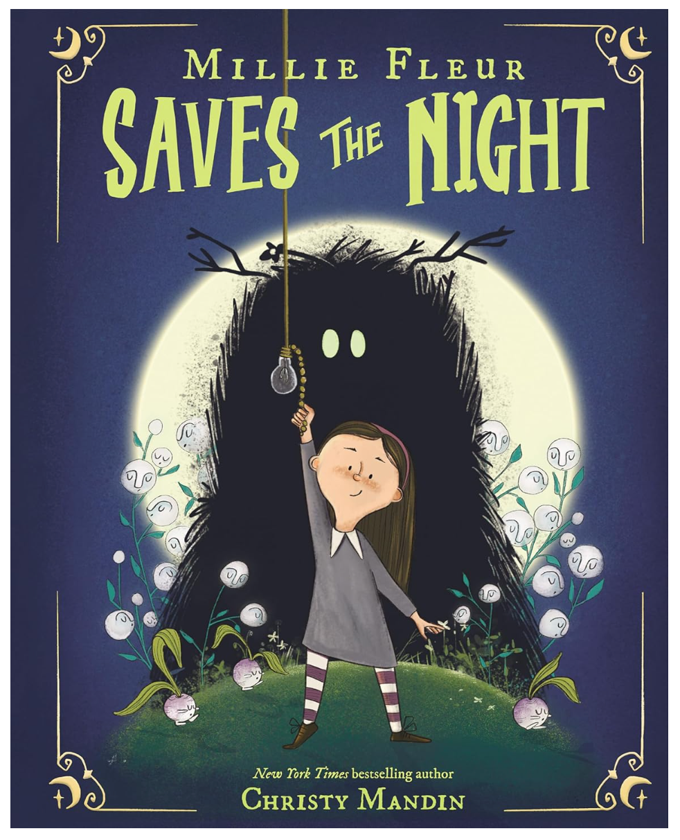 Young girl holding a light switch in front of a large shadowy figure with glowing eyes against a full moon backdrop