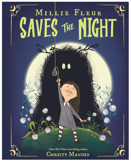 Young girl holding a light switch in front of a large shadowy figure with glowing eyes against a full moon backdrop