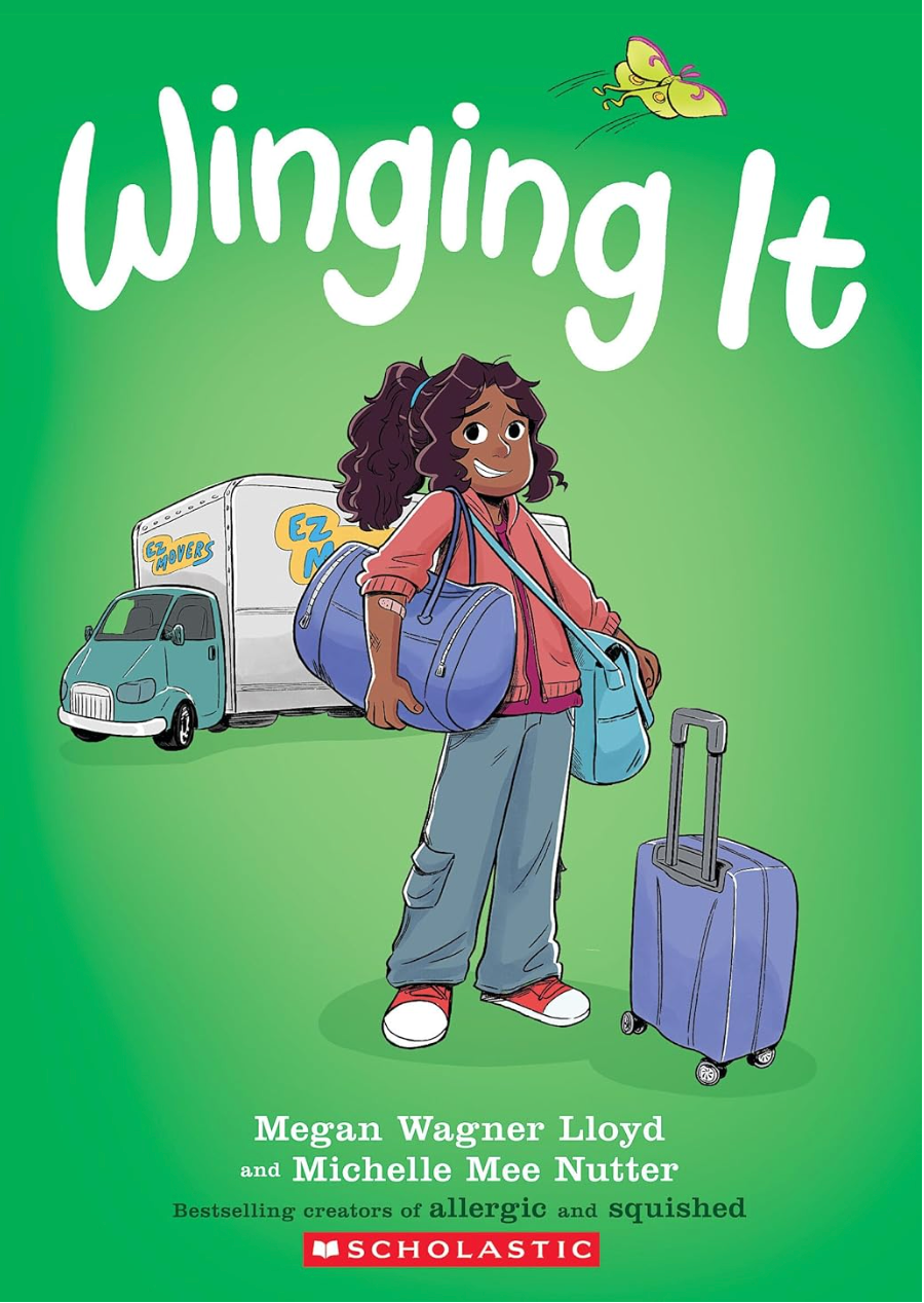 Young girl with curly hair stands ready to move with bags and suitcase, a yellow moth fluttering nearby.