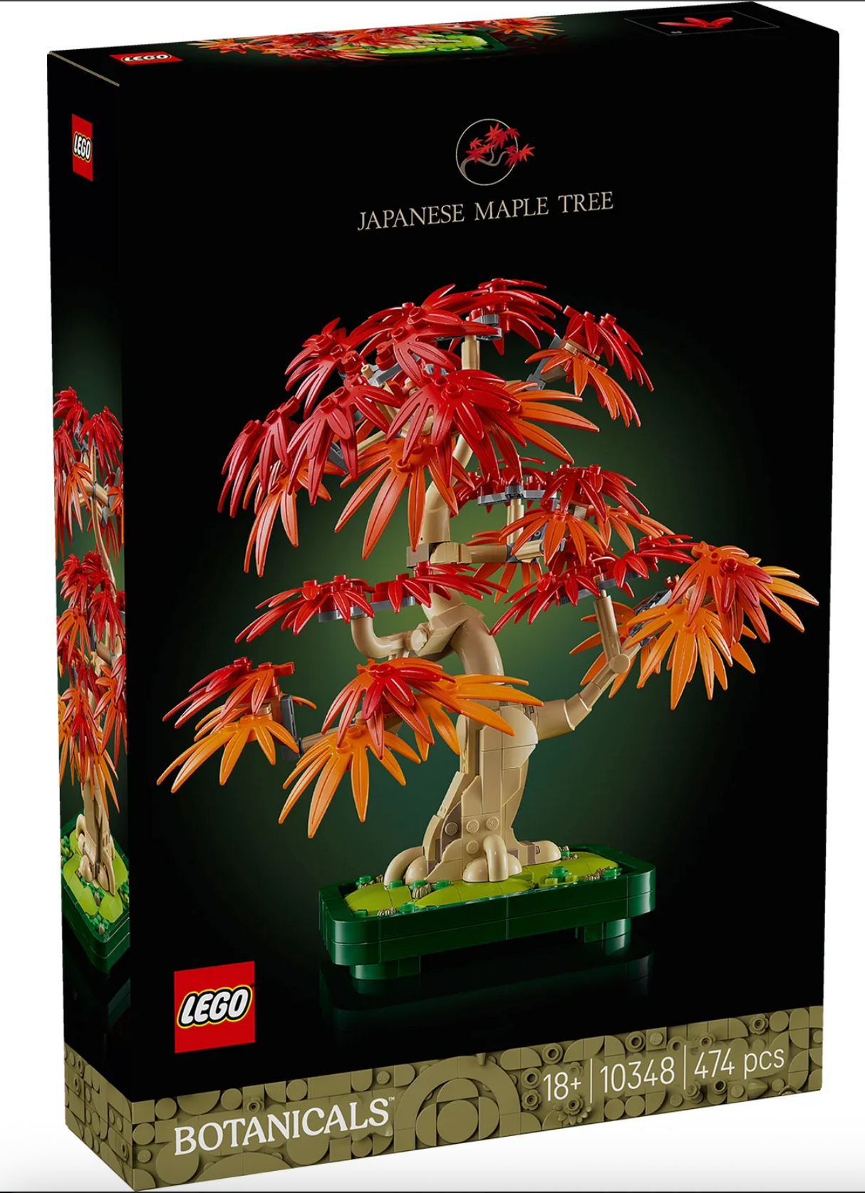 LEGO Botanicals Japanese Red Maple Bonsai Tree model with vibrant red and orange leaves in a green pot on black background