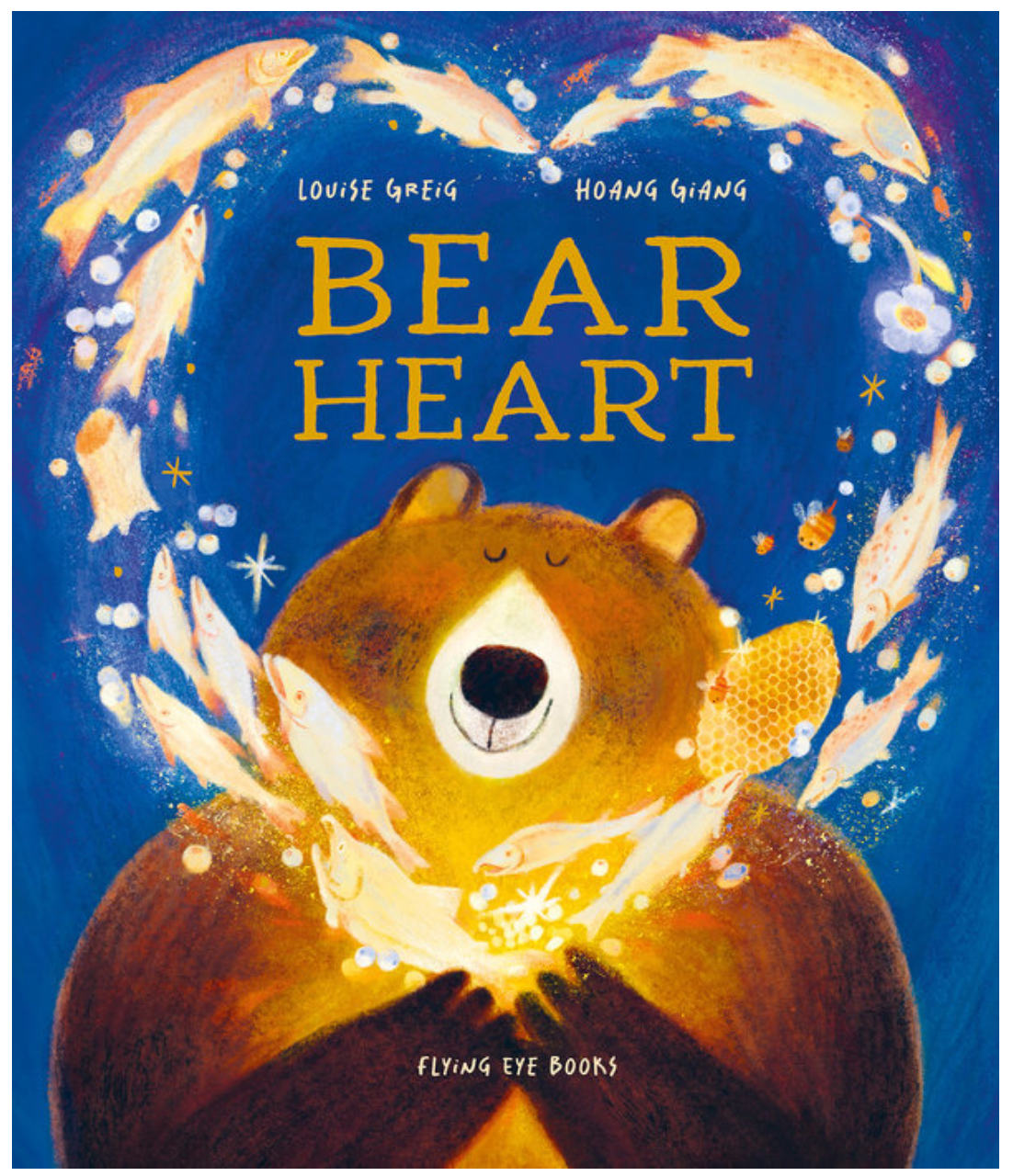 Illustrated cover of Bear Heart showing a smiling bear holding glowing fish in a heart-shaped circle on a blue background