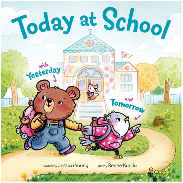 Illustrated children’s book cover showing bear and bird with backpacks walking to school on a sunny day