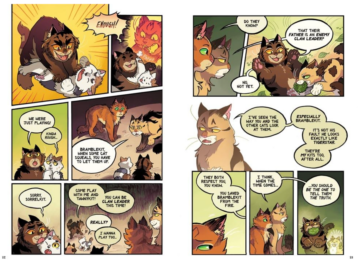 Illustration from Warriors #3 showing warrior cats discussing clan leadership and loyalty in a forest setting.