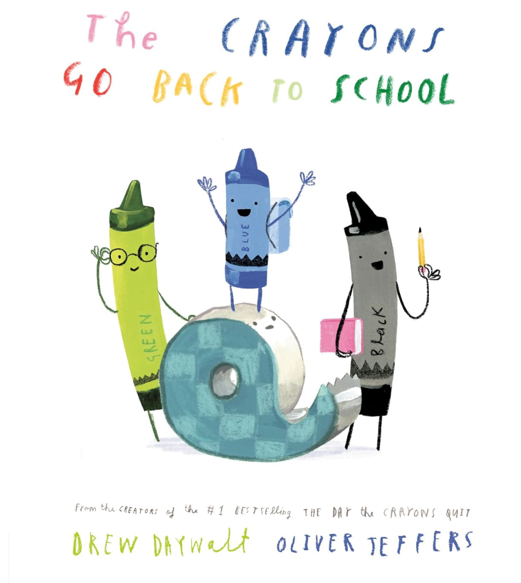 Illustration of three happy crayons with school supplies celebrating going back to school on a white background