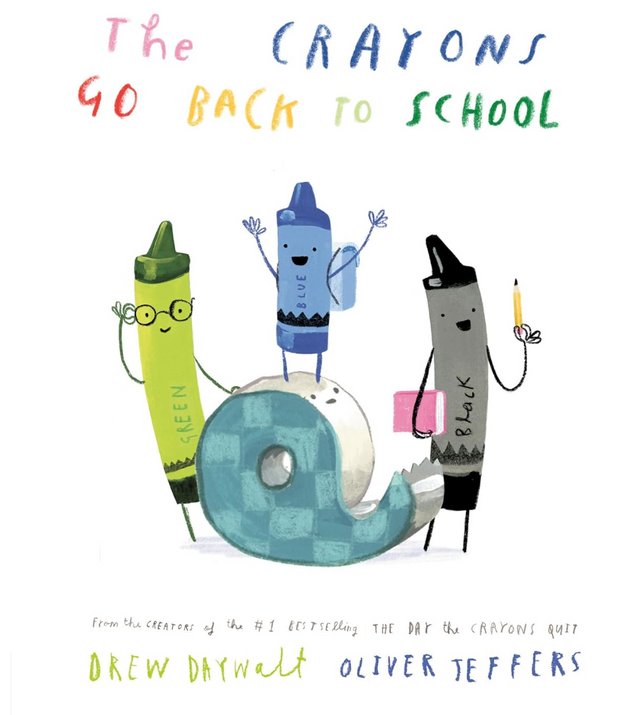 Illustration of three happy crayons with school supplies celebrating going back to school on a white background