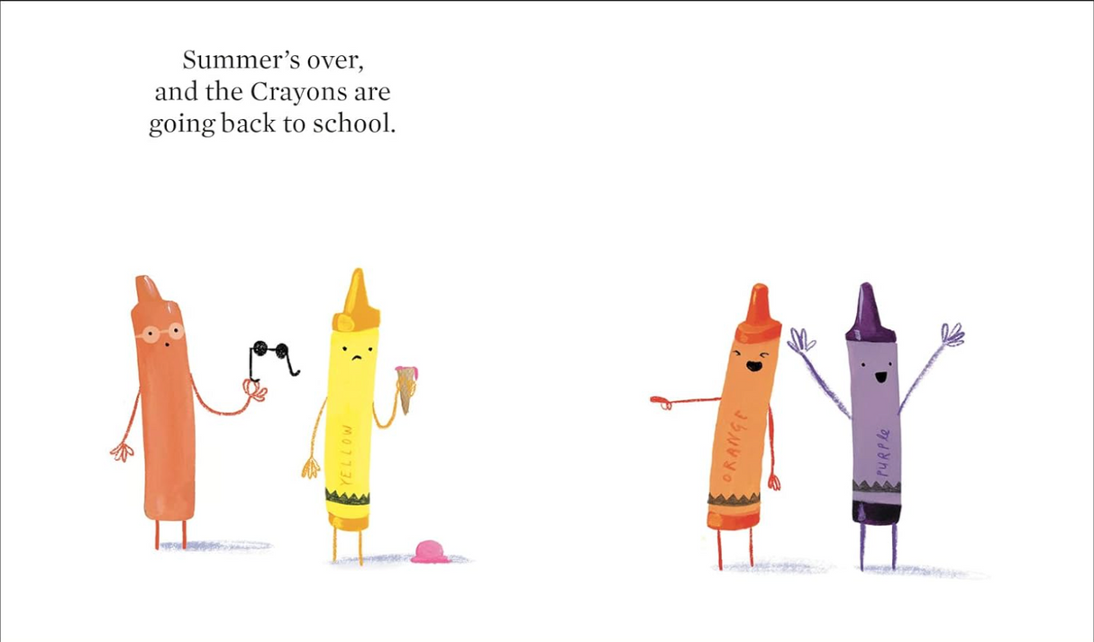 Illustrated crayons show emotions as they prepare to go back to school in a charming children’s book scene.
