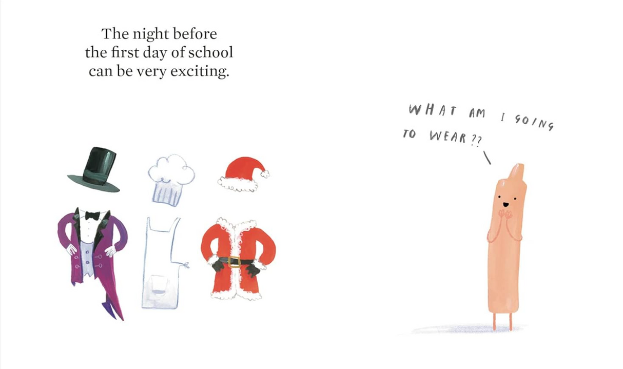 Illustration of a nervous crayon wondering what to wear with costumes hanging nearby for the first day of school.