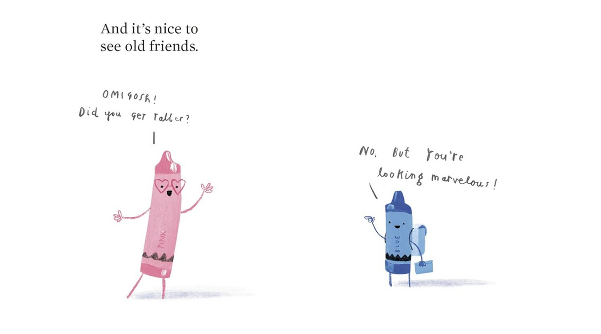 Illustration of pink and blue crayons happily greeting each other with speech bubbles from a children's book about crayons going back to school.
