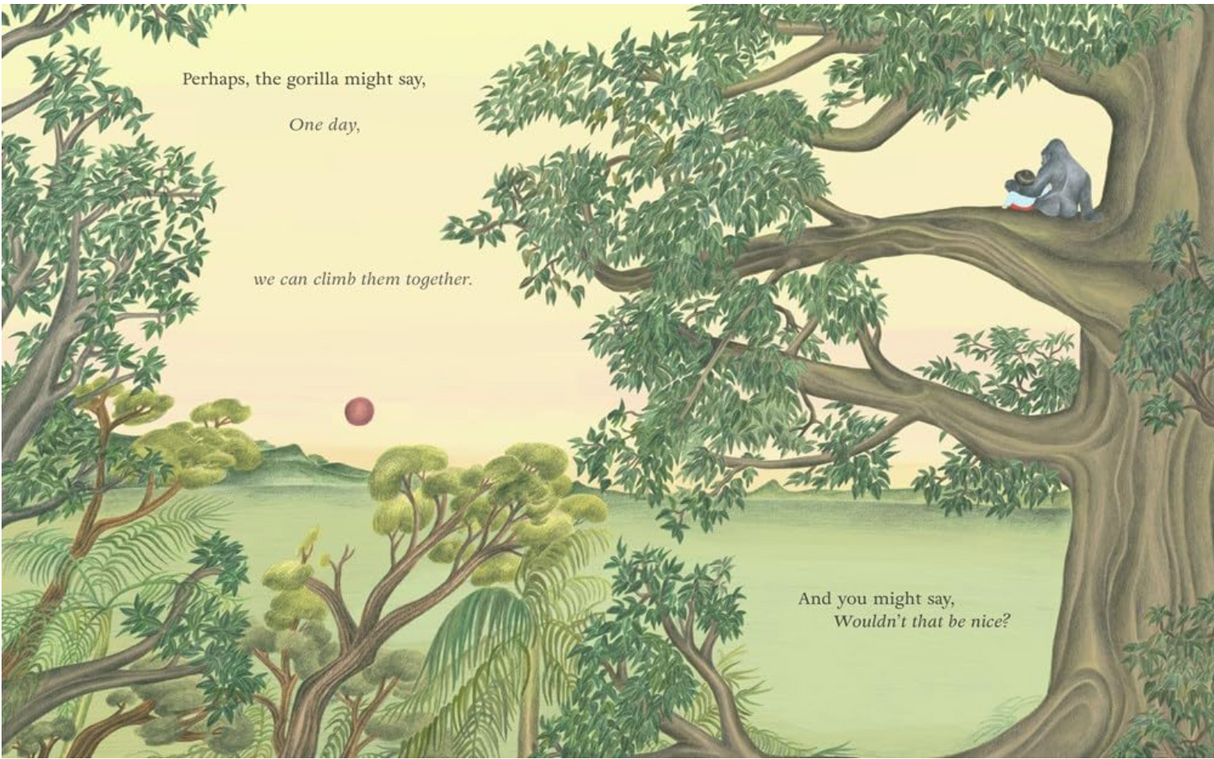 Illustration of a gorilla sitting on a tree branch in a lush forest with gentle morning light.