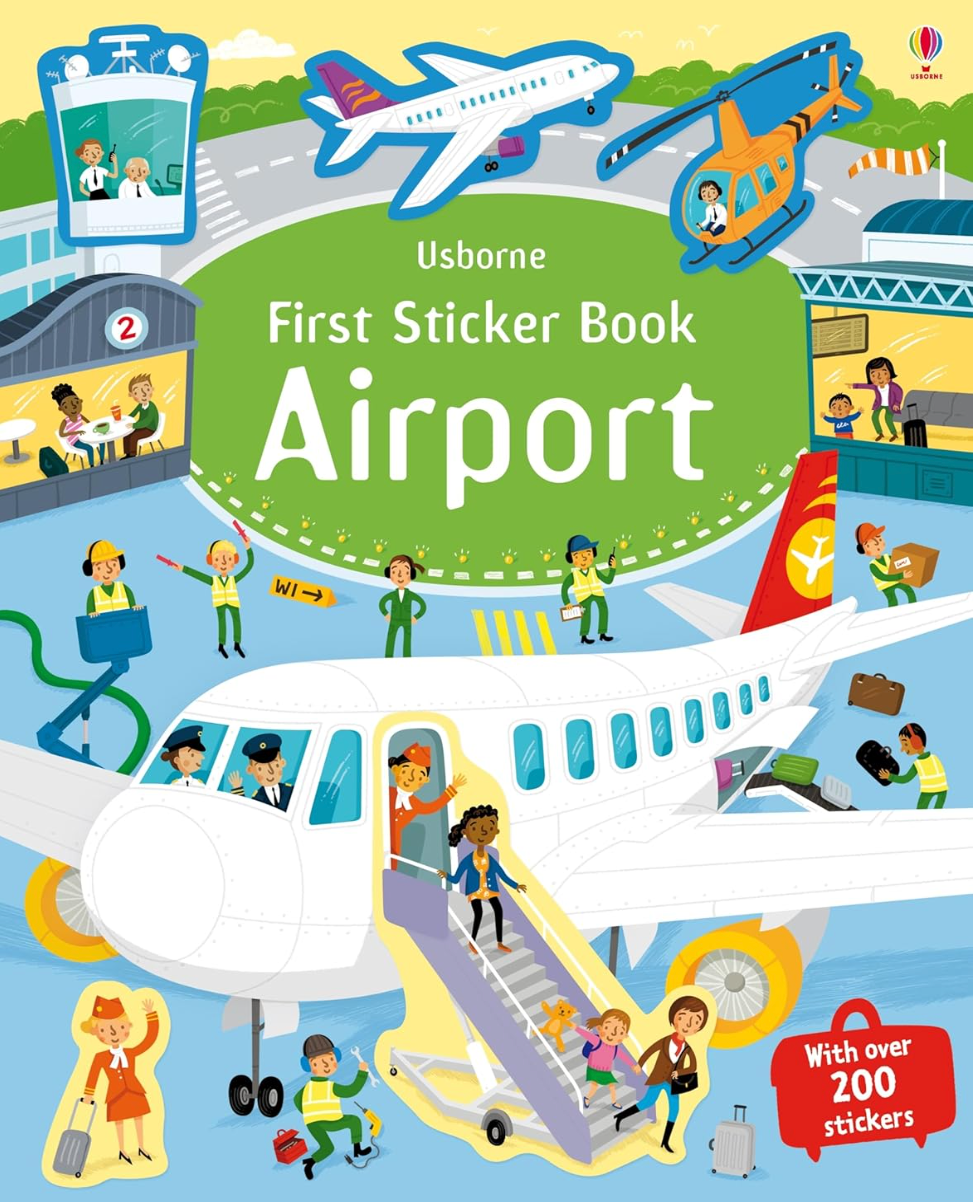 Colorful children’s sticker book cover showing airport scenes with planes, helicopters, passengers, and crew activities
