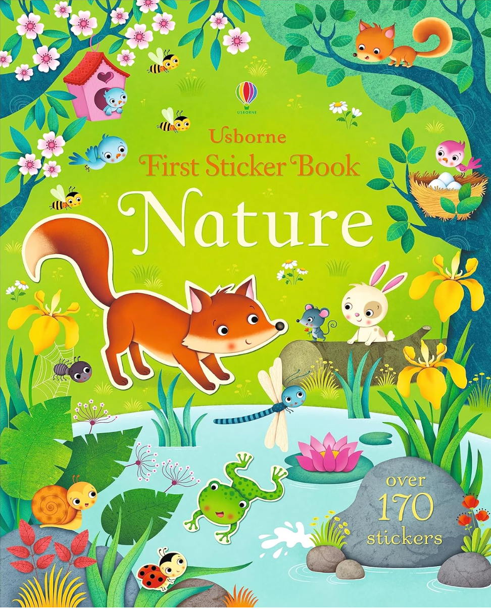 Colorful nature scene with fox, rabbit, frog, birds, insects, and flowers for a children's sticker book cover.