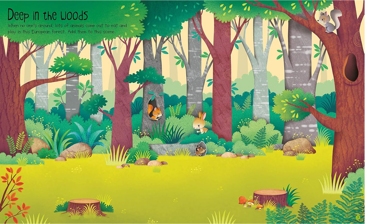 Illustrated forest scene with trees, bushes, woodland animals, and bright greenery for a children's sticker book.